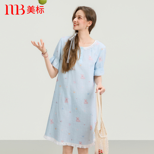 美标新款纯棉短袖睡裙女夏双层棉纱甜美印花睡衣全棉可外穿家居服