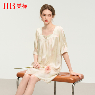中袖 美标新款 真丝睡裙女夏6A级桑蚕丝家居服甜美印花丝绸外穿睡衣