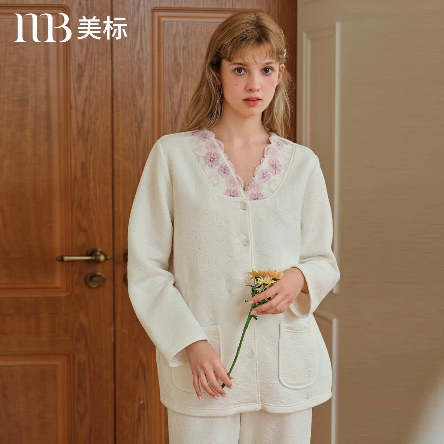 美标空气层夹棉保暖纯棉睡衣套装