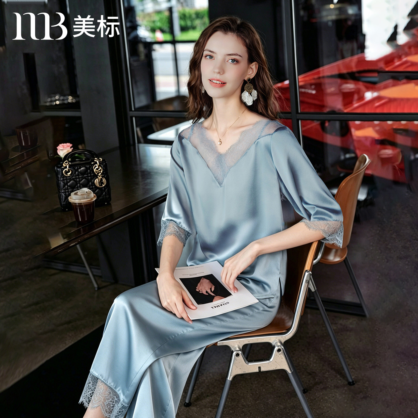 美标新款真丝睡衣女夏季100%桑蚕丝七分袖套装蕾丝凉感丝绸家居服