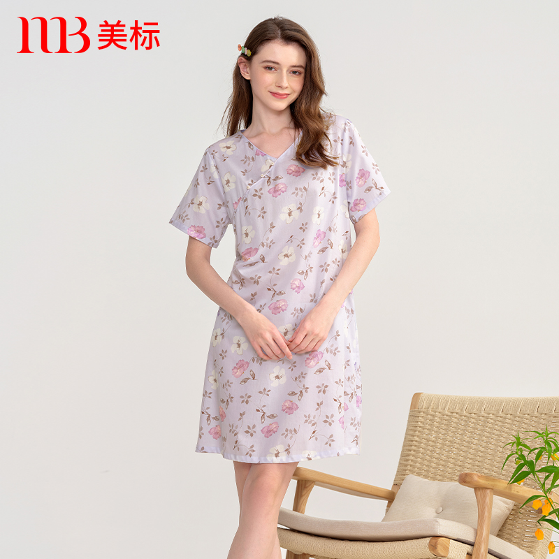 美标贡缎短袖睡裙纯棉国风印花