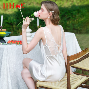 美标真丝吊带睡裙女春夏100%桑蚕丝睡衣蕾丝纯欲风性感丝绸家居服