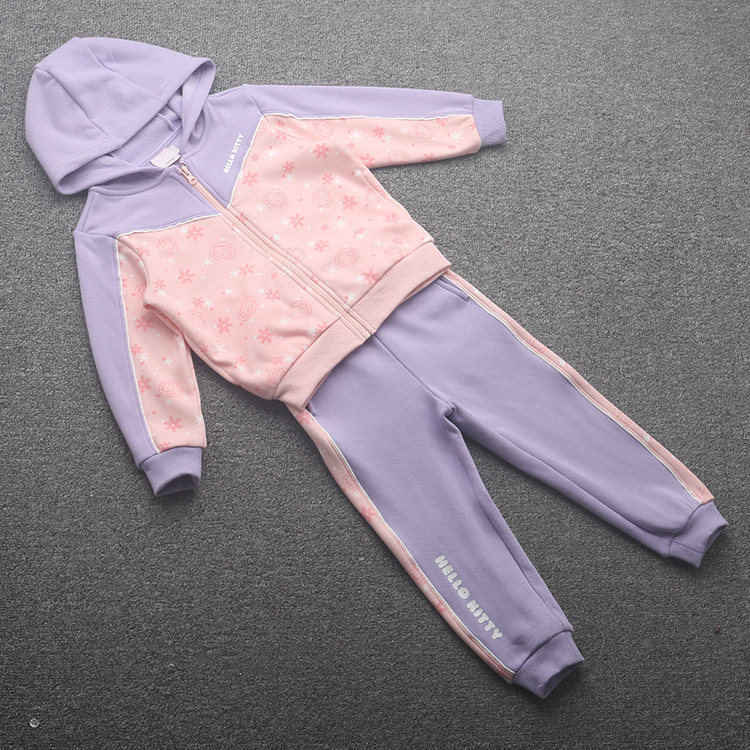 [凯]兰米特卖女童针织运动套装雪花满印加绒保暖连帽休闲卫衣裤子