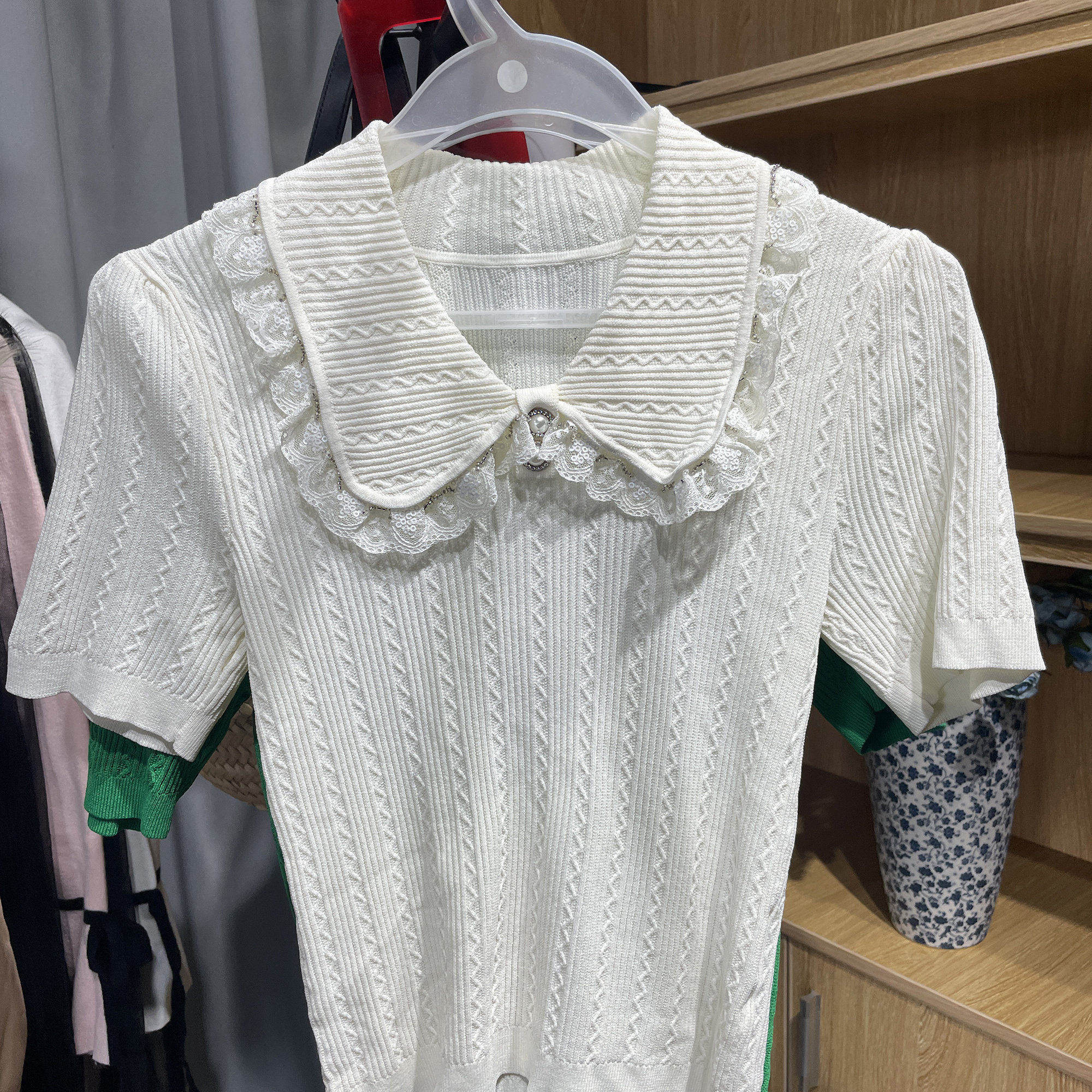 [五]兰米特卖女夏装少女感娃娃领针织衫女短袖修身气质上衣