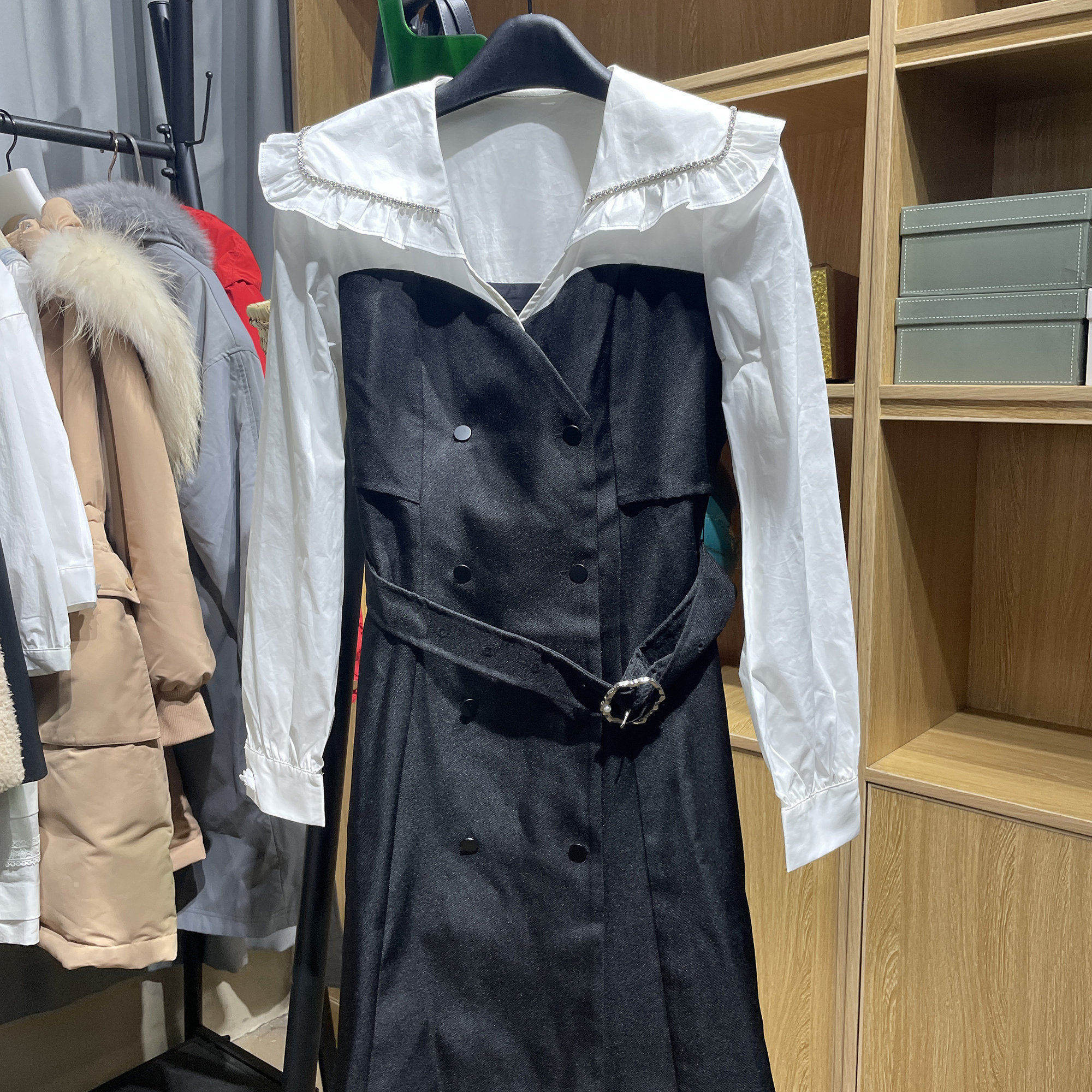 [五]兰米特卖春秋新款女装甜美撞色假两件长袖收腰显瘦A字连衣裙