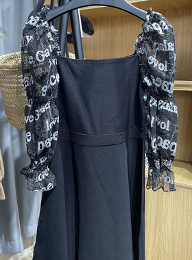 [五]兰米特卖新款女一字肩网纱印花泡泡袖黑色针织赫本风小黑裙