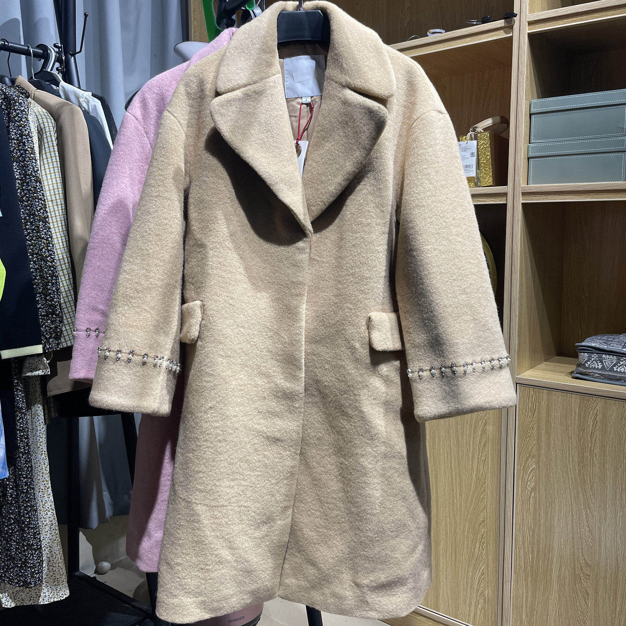 [欧]兰米特卖春装气质西装领钉珠羊毛长款毛呢外套女