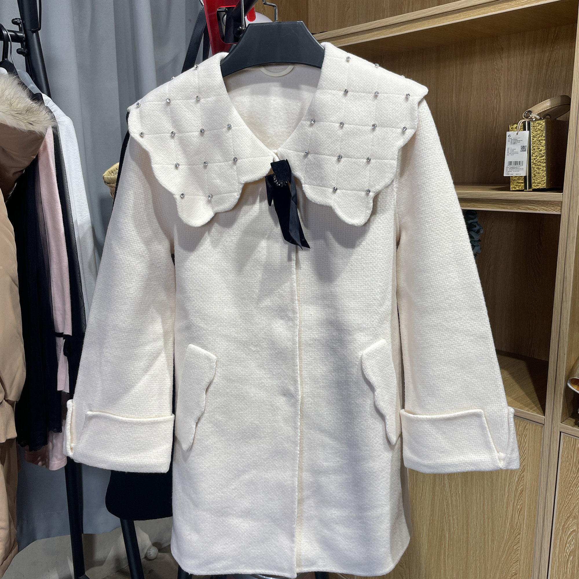 [五]兰米特卖女春装娃娃领羊毛呢料外套女中长款宽松大翻领