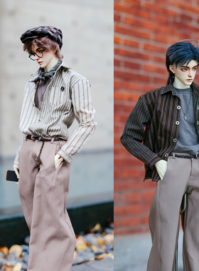 准现货CrossChurch|BJD娃衣75叔咖啡樂全棉文艺拼接条纹长袖衬衫