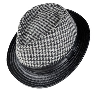 牛皮拼千鸟格毛呢爵士男礼帽户外遮阳卷边平顶真皮骑士帽子中青年