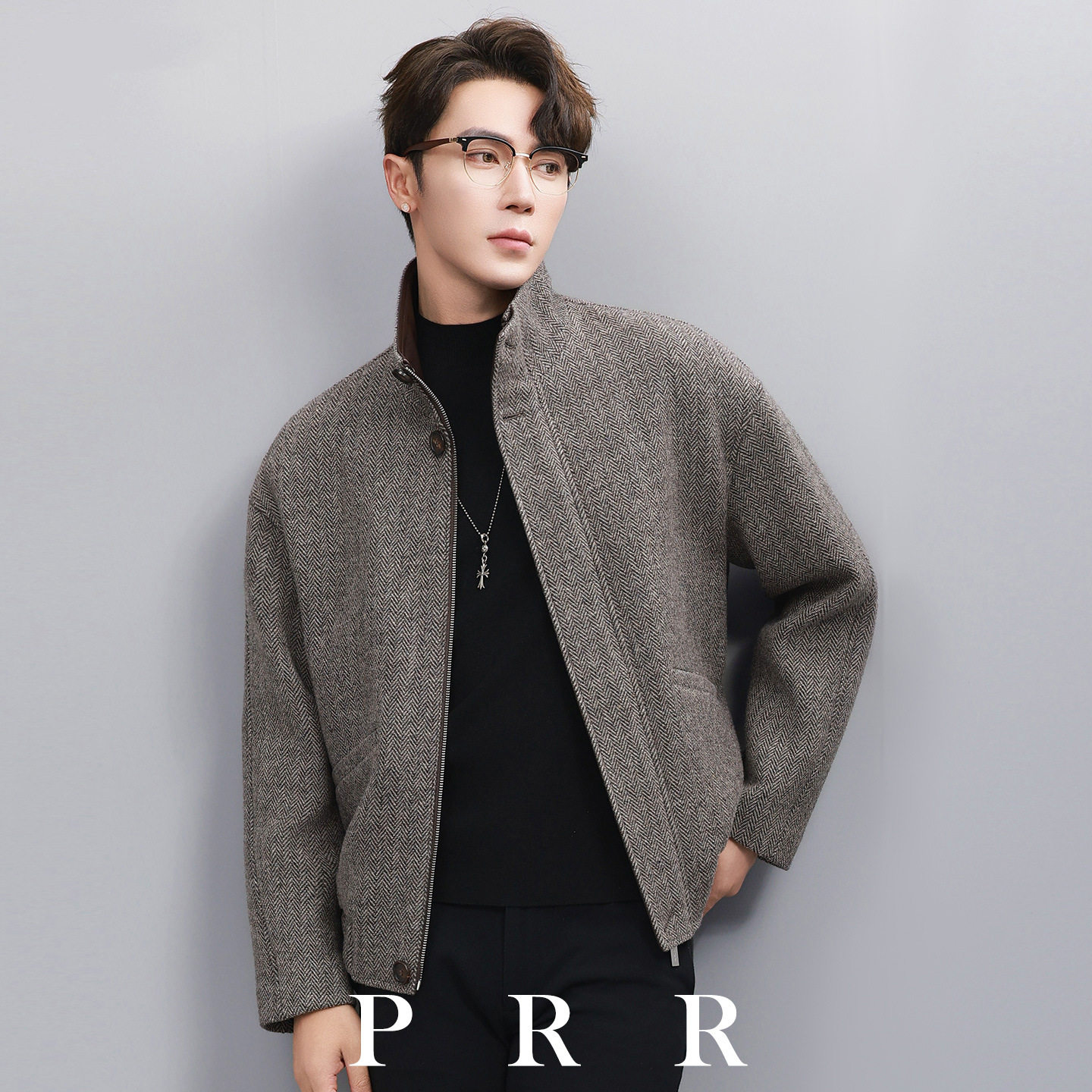 秋冬新款立领双面呢子短款夹克男士羊毛大衣休闲时尚驼绒毛呢