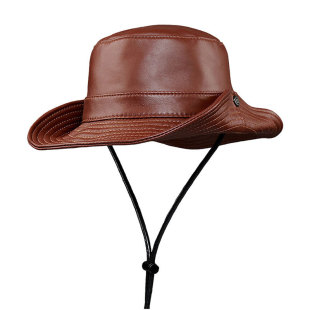 真皮户外遮阳复古渔夫帽样皮质盆帽潮牌休闲桶帽抽绳徒步牛仔帽