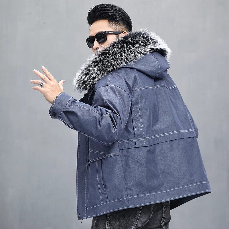 牛仔派克服男士獭兔毛内胆短款皮毛一体青年时尚皮草大衣保暖