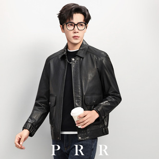 机车皮夹克修身 感真皮头层牛皮翻领美式 皮衣男外套潮 新款 秋季