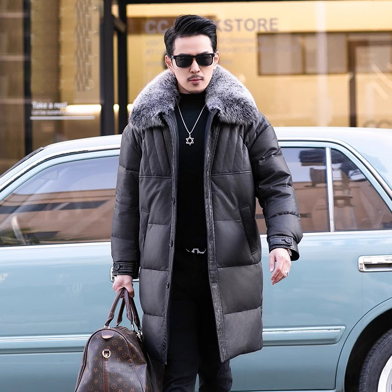 新款海宁真皮皮衣男长款羽绒服鳄鱼纹绵羊皮狐狸毛领鹅绒加厚