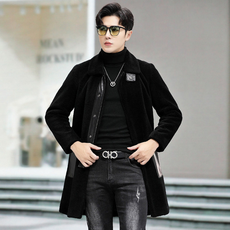 海宁皮毛一体男中长款羊羔毛翻领皮草外套真皮皮衣颗粒羊剪绒