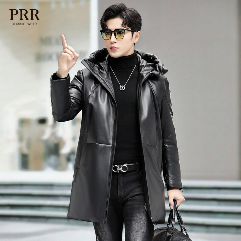海宁真皮羽绒服男士皮衣中长款带连帽绵羊皮夹克加绒加厚冬季