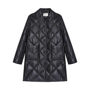 HN3280-1真皮皮衣秋冬新款小羊皮翻领菱形打格90鹅绒羽绒服外套女