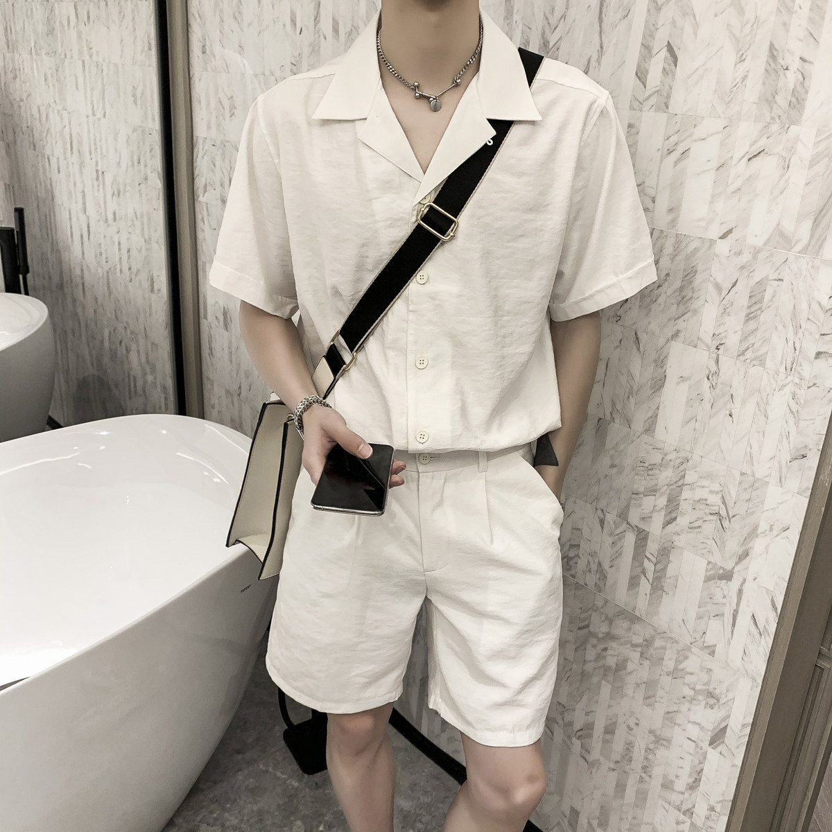 白色衬衫短裤套装清爽凉快垂感很好TZ612/P150，男装衬衫，电商A428