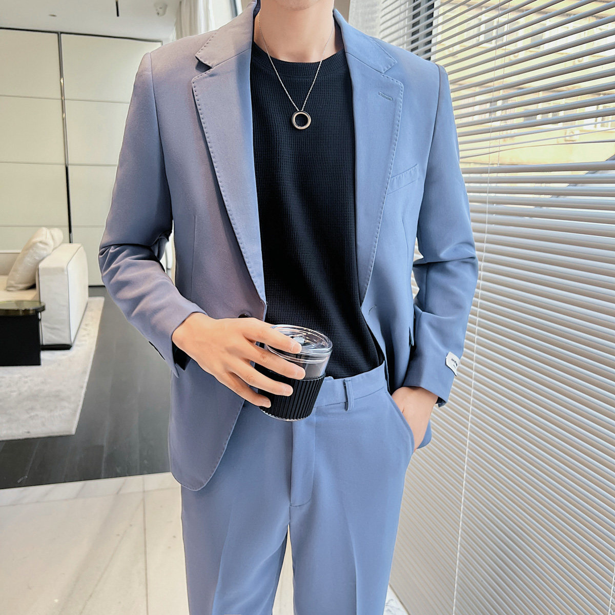 男士百搭多色时尚干净单扣修身西装二件套西服LJT605/P230,男装西服套装,电商A428