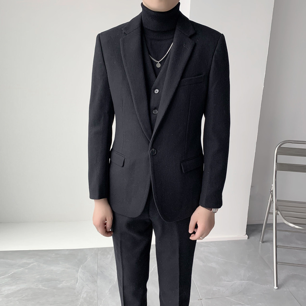 秋冬羊毛加厚西服套装 纯色修身男士西装套装 XZ314/P300图片