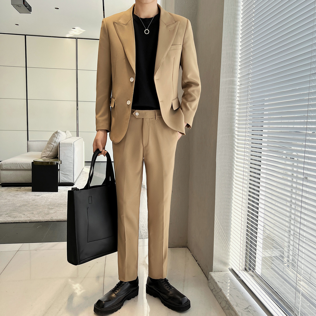 绅士挺括顺滑修身男士双扣西服经典卡其西装套装LJT819/P240，男装西服套装，电商A428