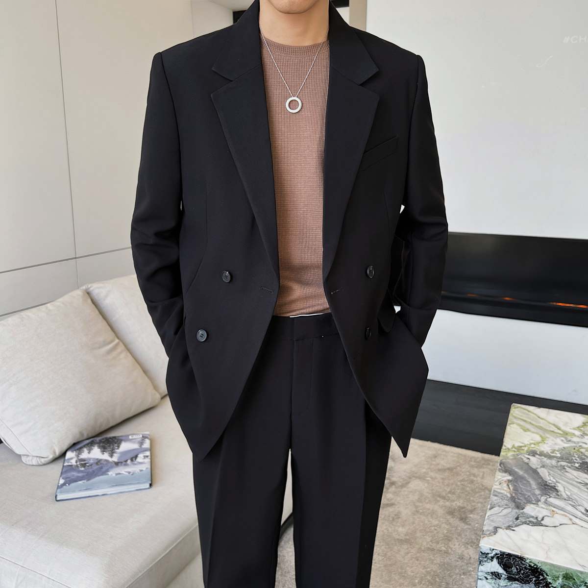 男生女生双排扣休闲西服垂感面料西装二件套宽松版LJT603/P230,男装西服套装,电商A428
