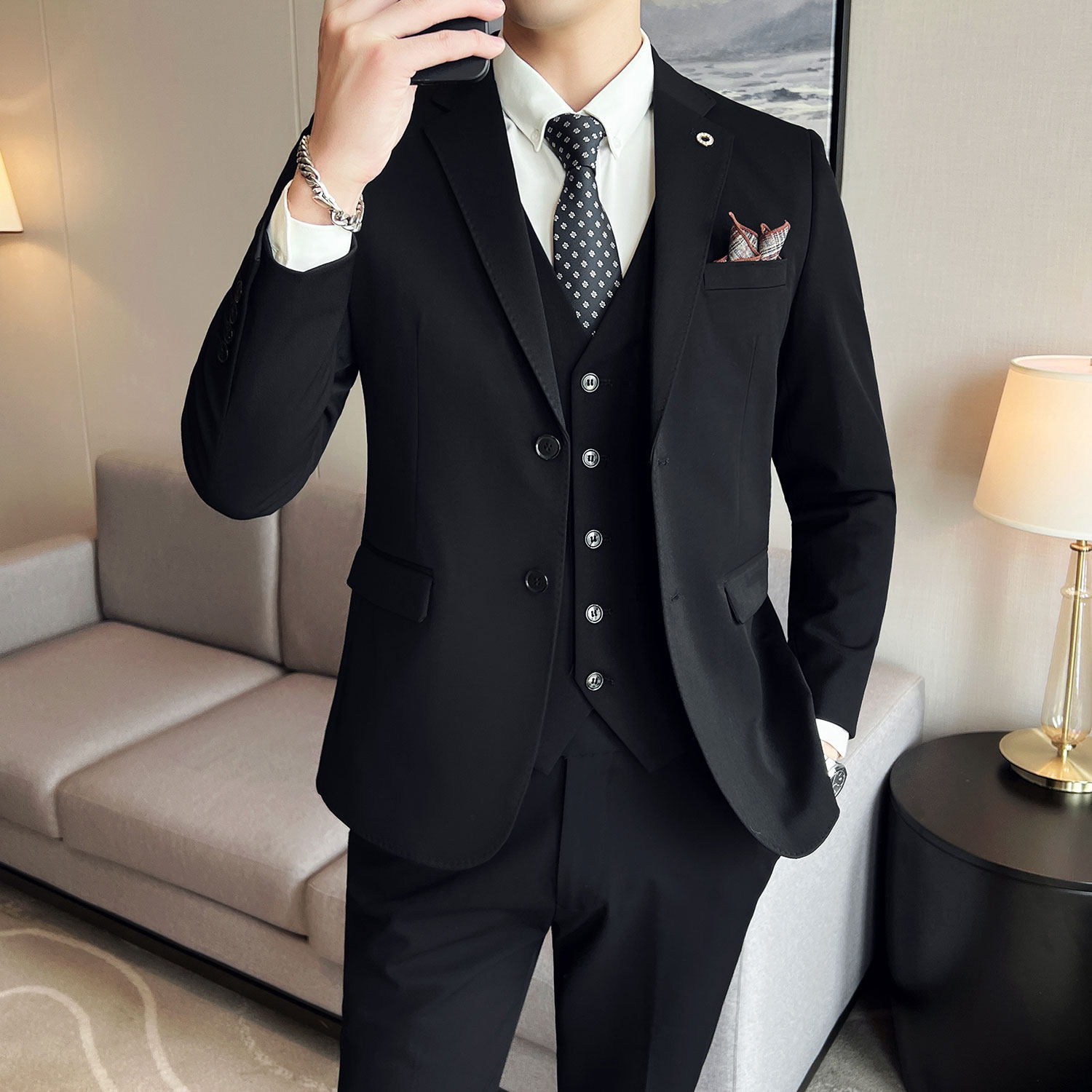 英伦时尚修身弹力面料男士西装套装  职业西服套装 SJT006/P270图片