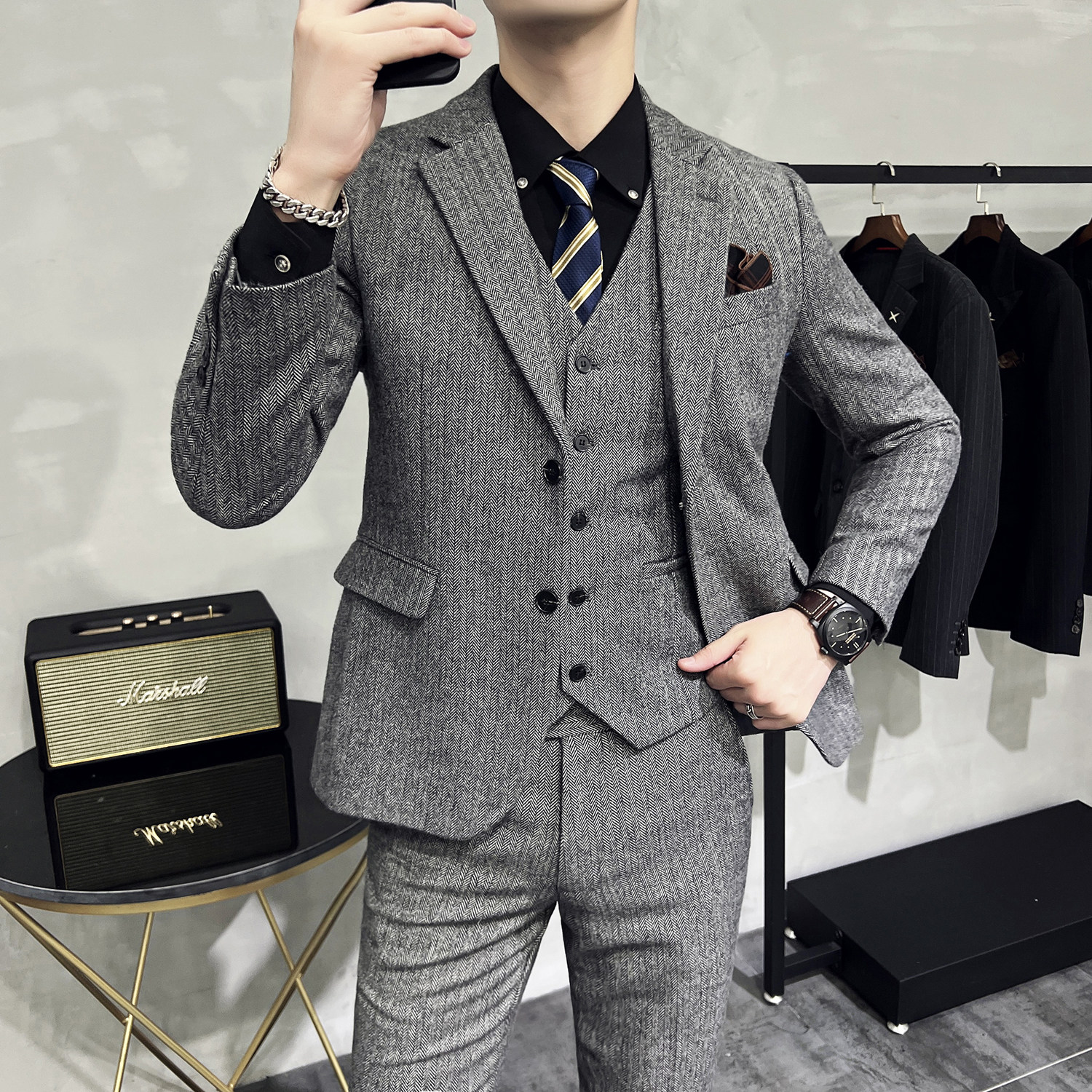 秋冬御寒修身西装男士羊毛人字斜修身双扣西服套装SJT166/P310,男装西服套装,电商A428