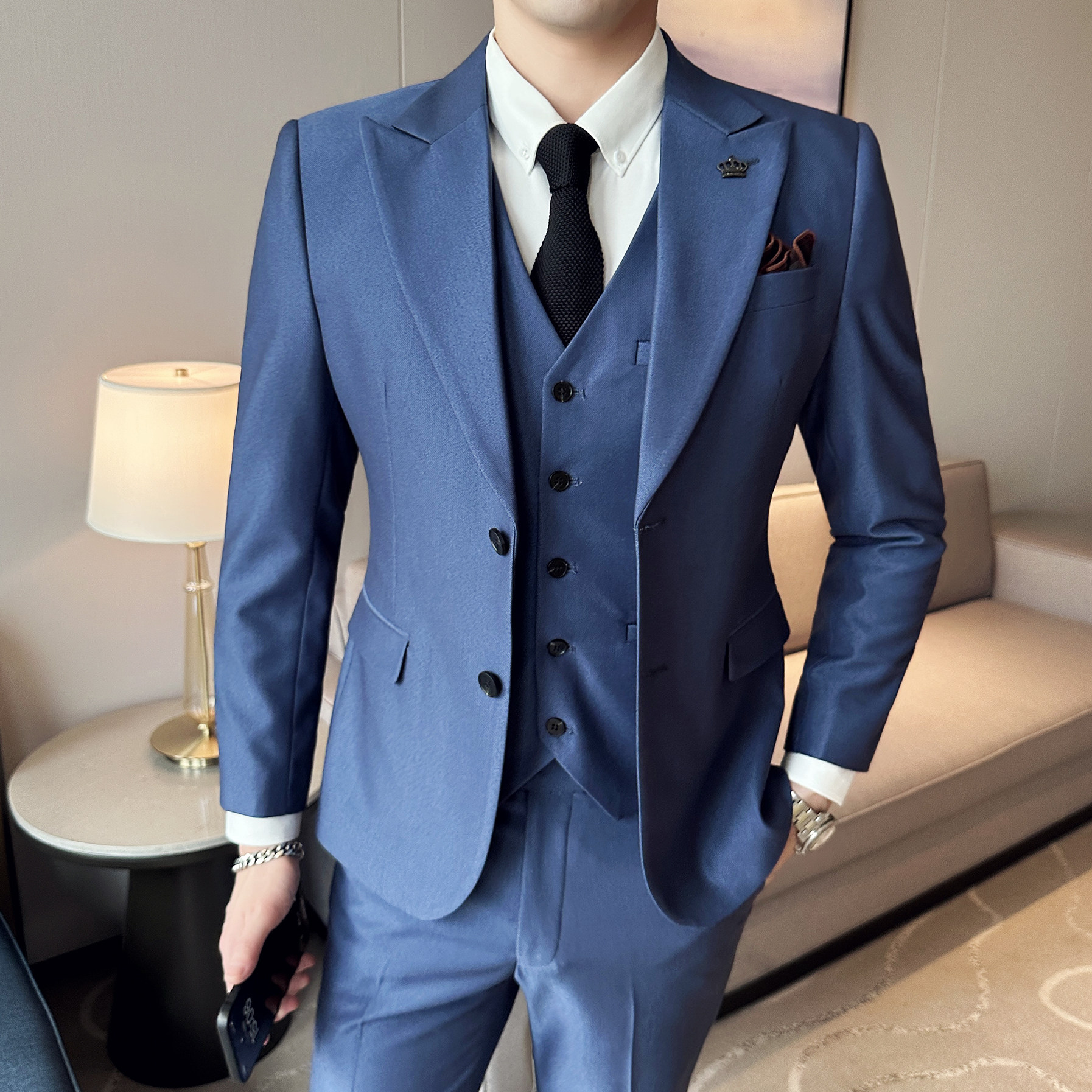 修身双扣西服套装三色弹力西服职业套装新郎西装A8906/P285,男装西服套装,电商A428
