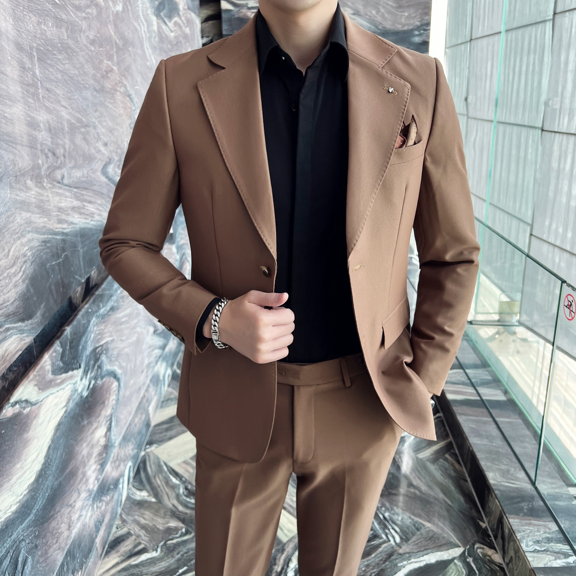 男士双扣西服套装两色弹力面料西服新郎西服套装2320/P240,男装西服套装,电商A428