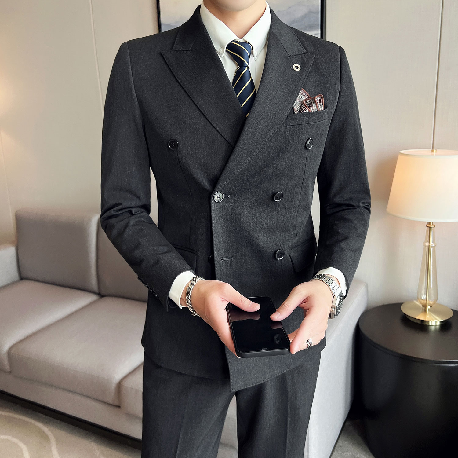 韩版修身弹力面料结婚双排扣西服套装婚宴主持人西服 SJT007/P280图片