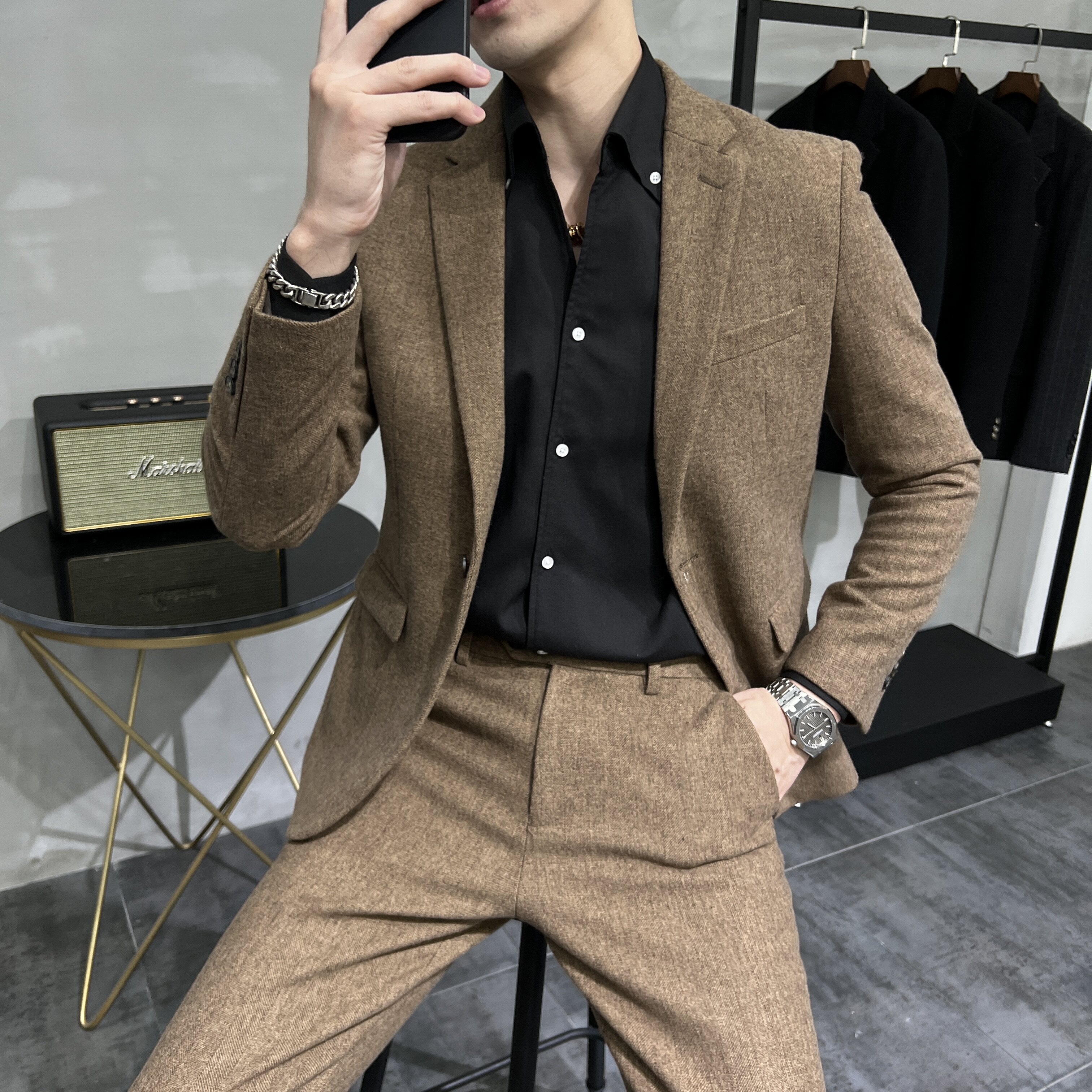 秋冬纯色羊毛厚款呢料加厚款修身西装单扣加厚西服套装2328/P270,男装西服套装,电商A428