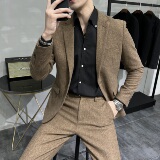 秋冬纯色羊毛厚款呢料加厚款修身西装单扣加厚西服套装2328/P270，男装西服套装，电商A428