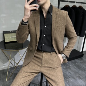 秋冬纯色羊毛厚款呢料加厚款修身西装 单扣加厚西服套装2328/P270图片