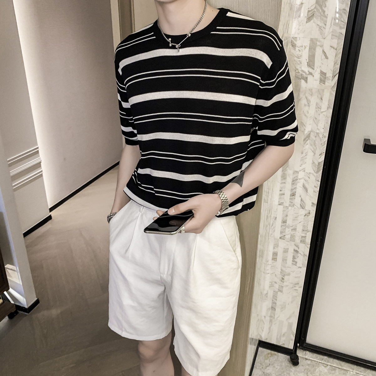 2025新款男生夏日凉爽条纹短袖teeT恤T002/P60,男装T恤,电商A428