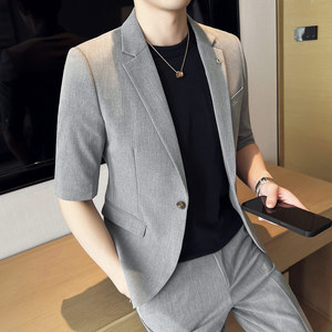 男士清爽中袖西装套装修身男七分袖西服套装结婚西装ZX001/P150特图片