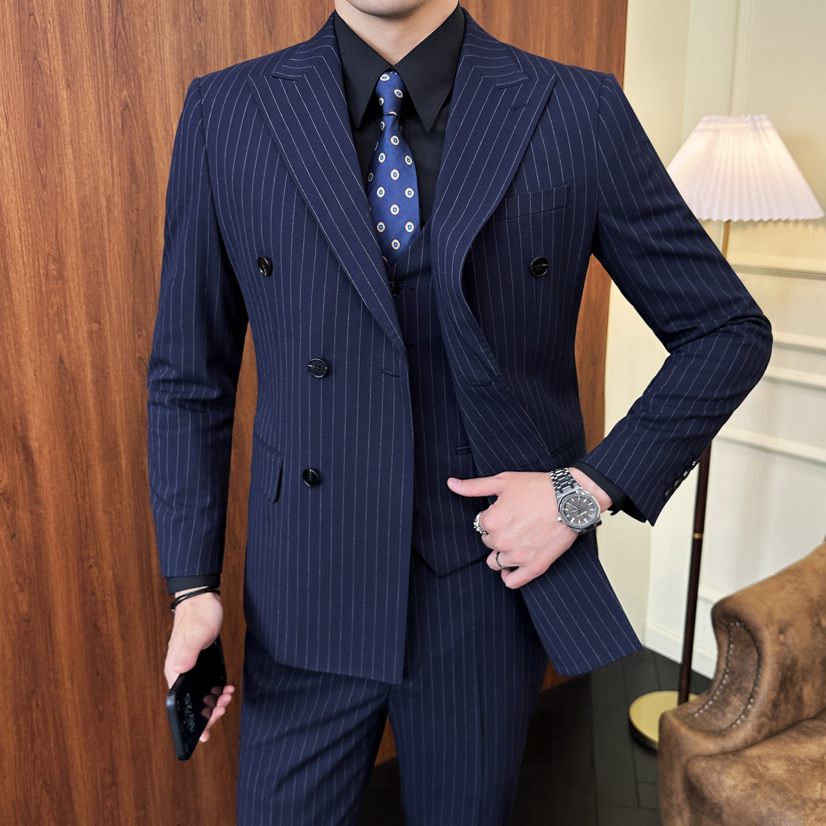 高端半马衬双排扣西服套装  竖条纹套装新郎西服套装  GD002/P350图片