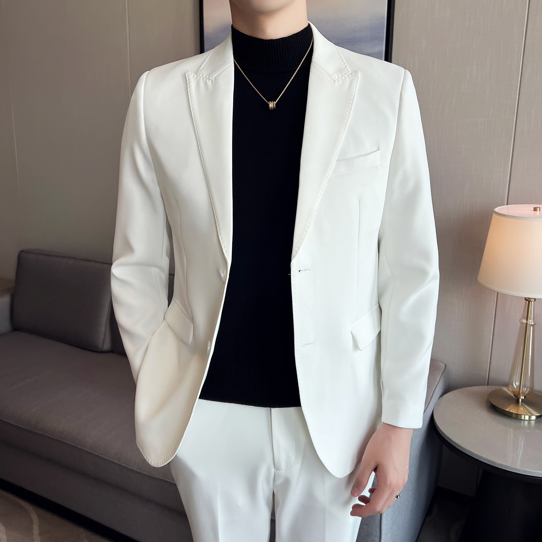 轻熟风男士双排扣白色弹力面料西服新郎西装套装LJT914/P240,男装西服套装,电商A428