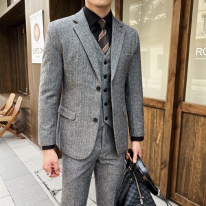 秋冬御寒修身西装 男士羊毛人字斜修身双扣西服套装 SJT166/P310图片