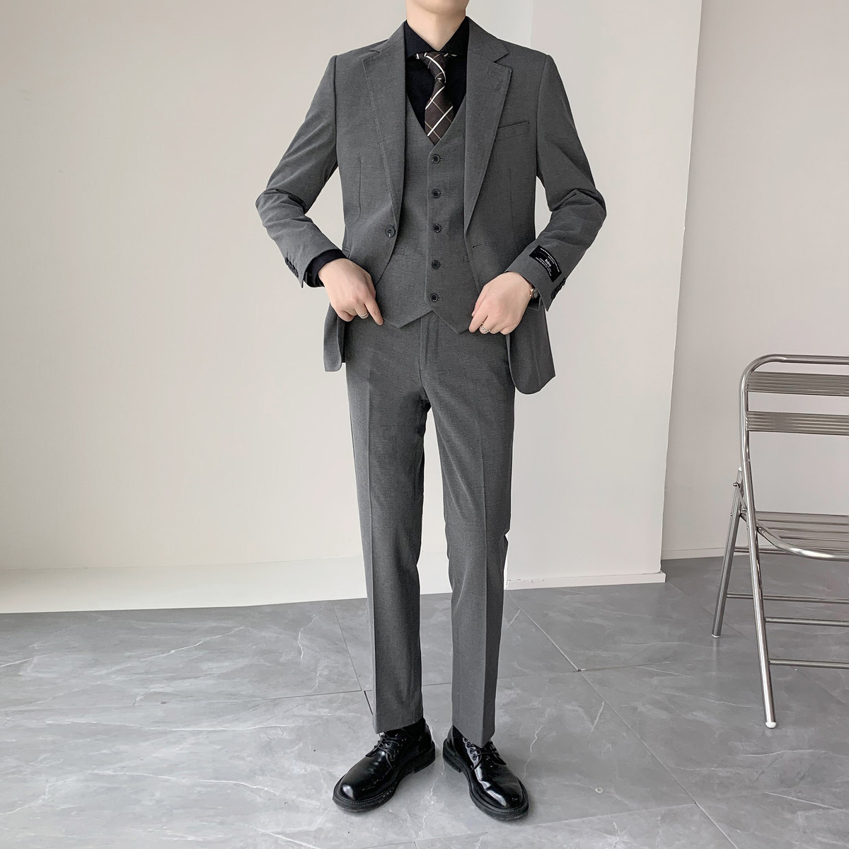 高品质男士单扣绅士灰西服修身弹力面料套装上班服XZ824/P280,男装西服,电商A428