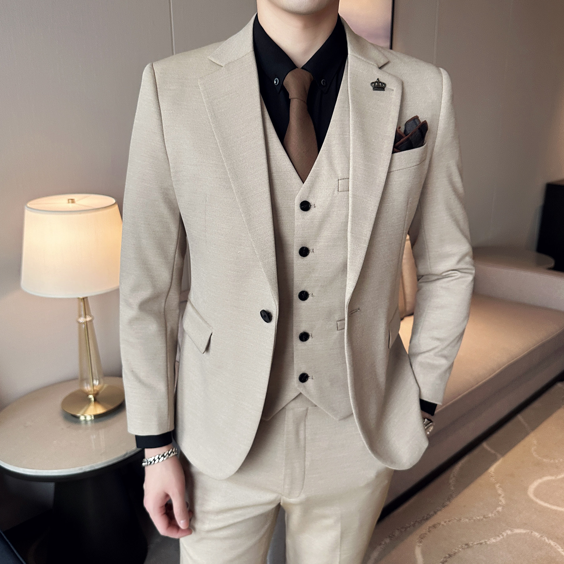 修身双扣西服套装两色弹力面料西服职业上班套装A8907/P285,男装西服套装,电商A428