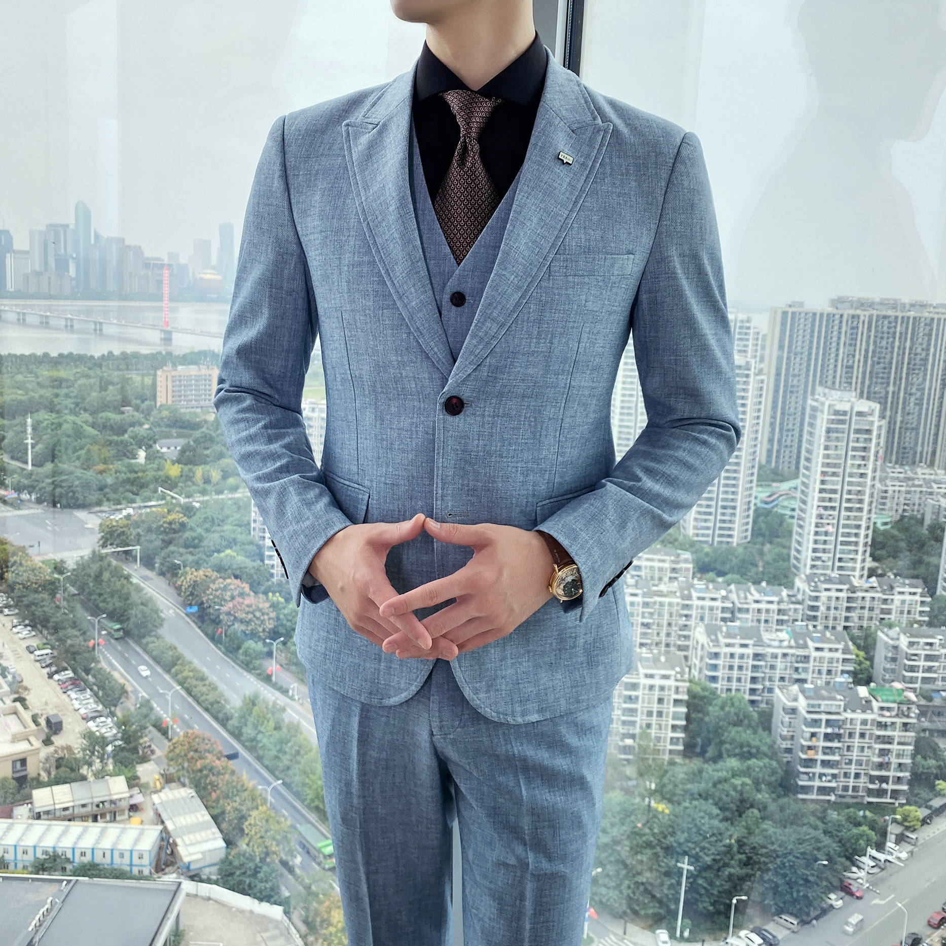 清爽简洁弹力面料修身百搭两扣西服套装工作服XZ143/P290,男装西服套装,电商A428