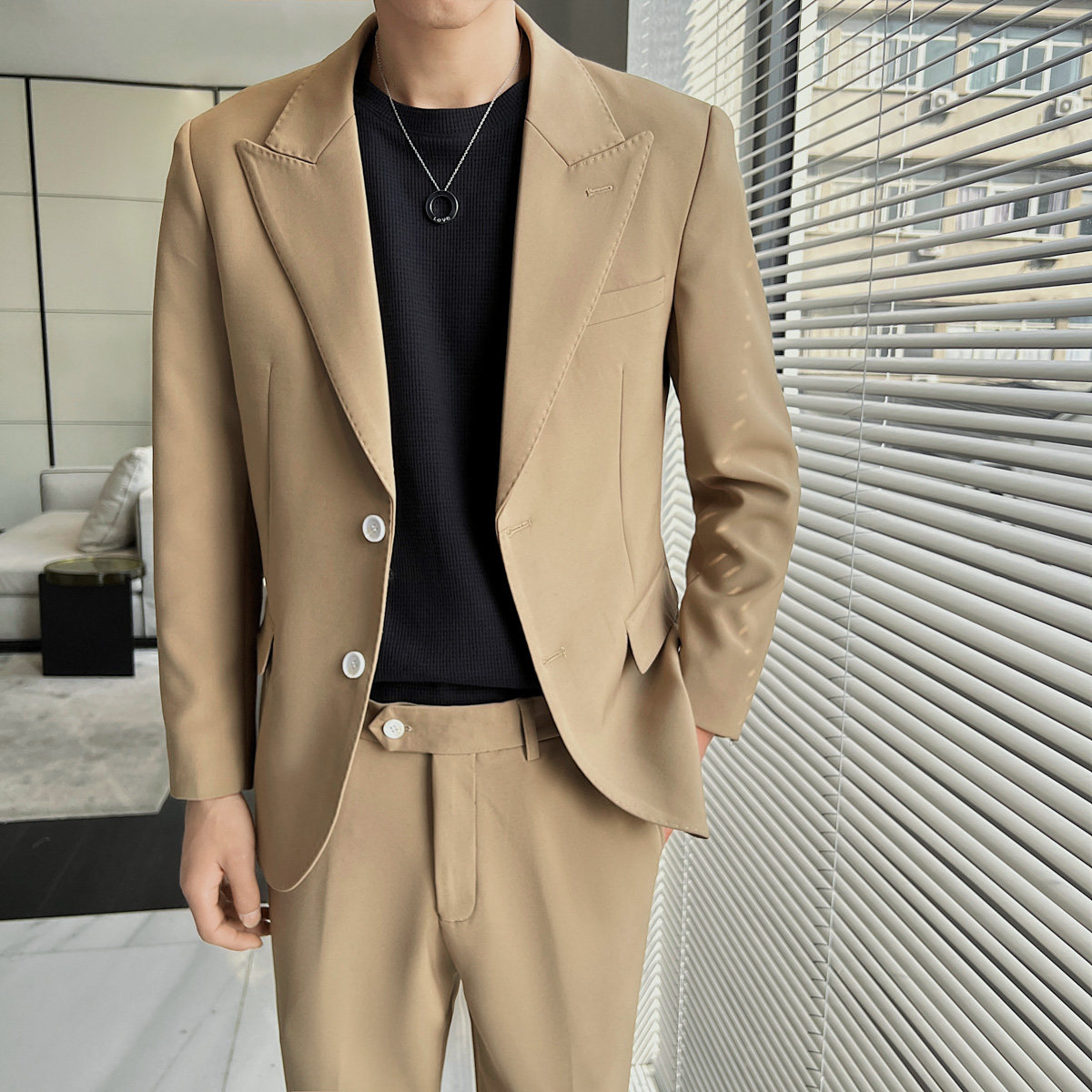 绅士挺括顺滑修身男士双扣西服经典卡其西装套装LJT819/P240,男装西服套装,电商A428