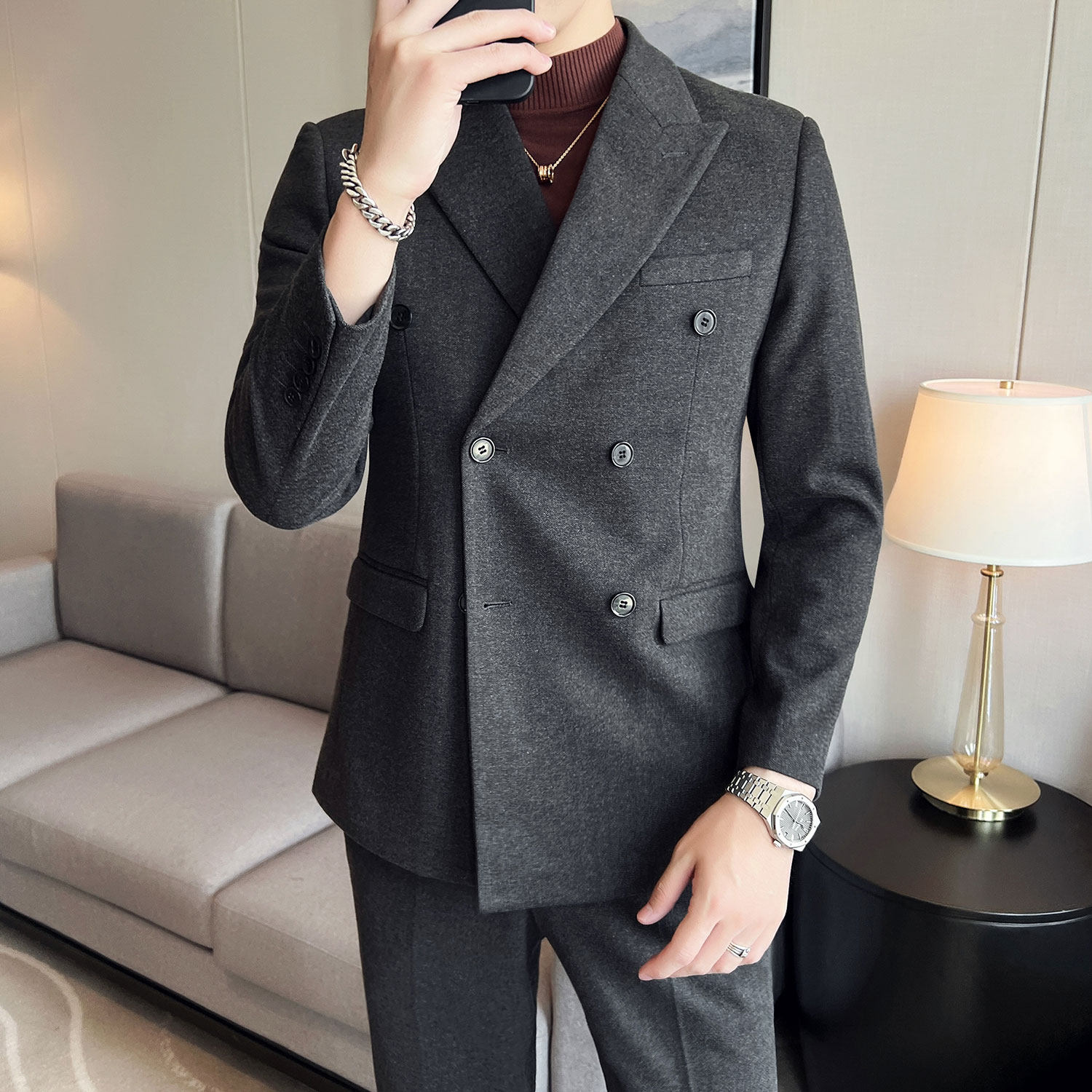 加厚秋冬款男士修身双排扣西服套装新郎伴郎套装LJT910/P255,男装西服套装,电商A428