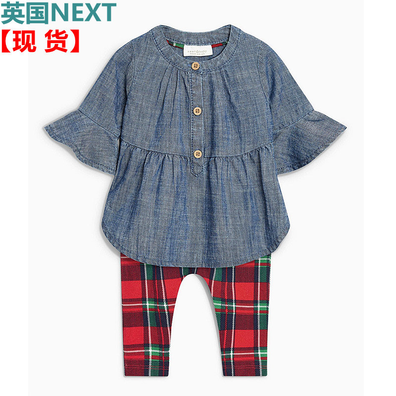 现货英国next春秋童装女宝宝婴儿卡通荷叶边蓝色牛仔上衣裤子套装