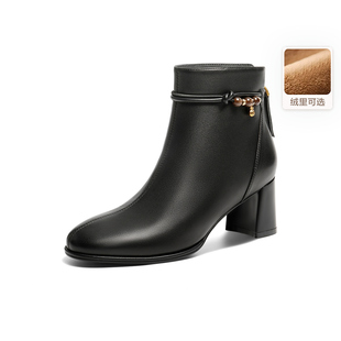 百丽显瘦粗跟羊皮时装靴女鞋子2025冬新款低筒短靴E8K1  E8K1DDD5