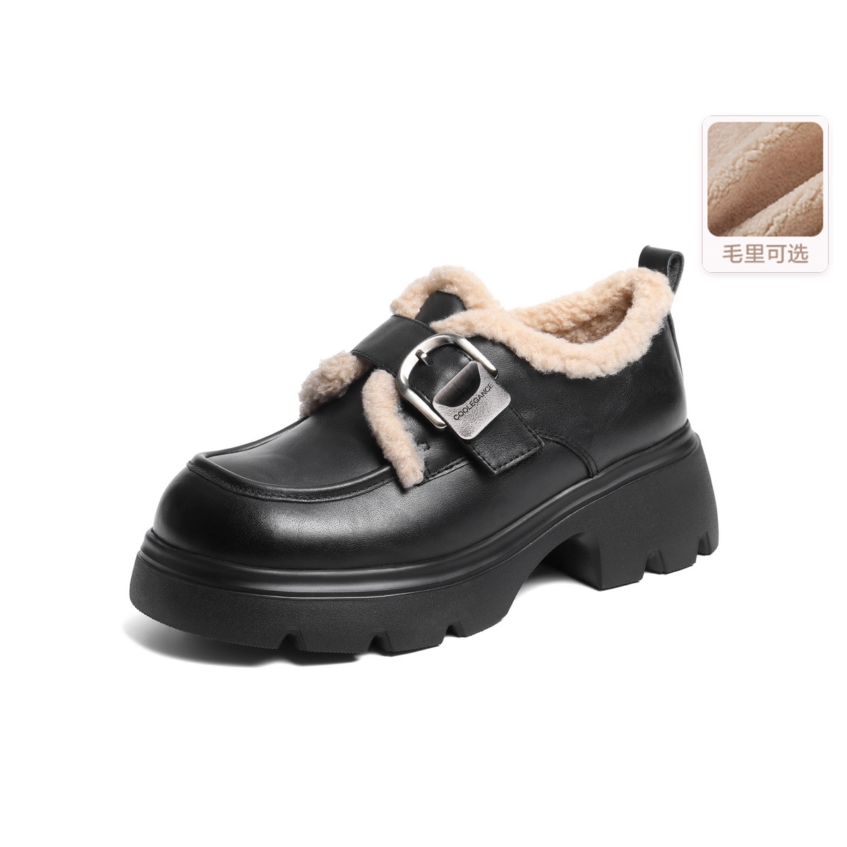 百丽厚底加绒乐福鞋女鞋小皮鞋