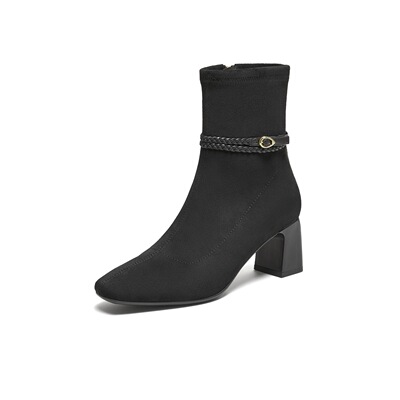 他她黑色时装靴粗跟短靴女鞋