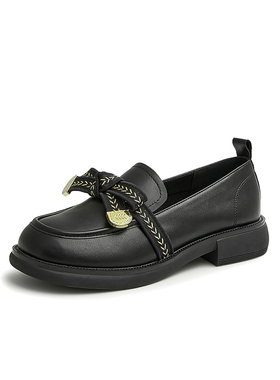 他她通勤百搭粗跟乐福鞋女鞋2024春新款蝴蝶结小皮鞋单鞋WCPA1AA3